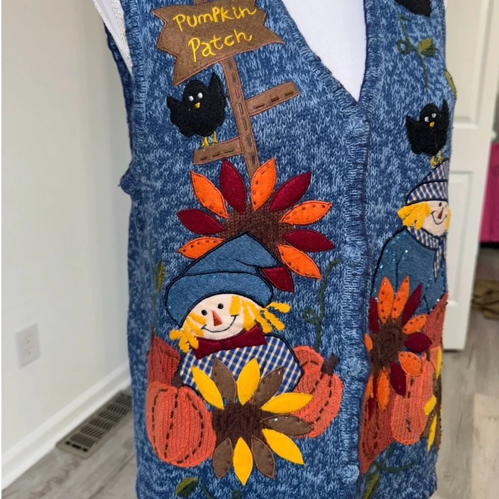 Bobbie Brooks Pumpkin Patch Scarecrow Embroidered Sweater Vest‎ Women’s M